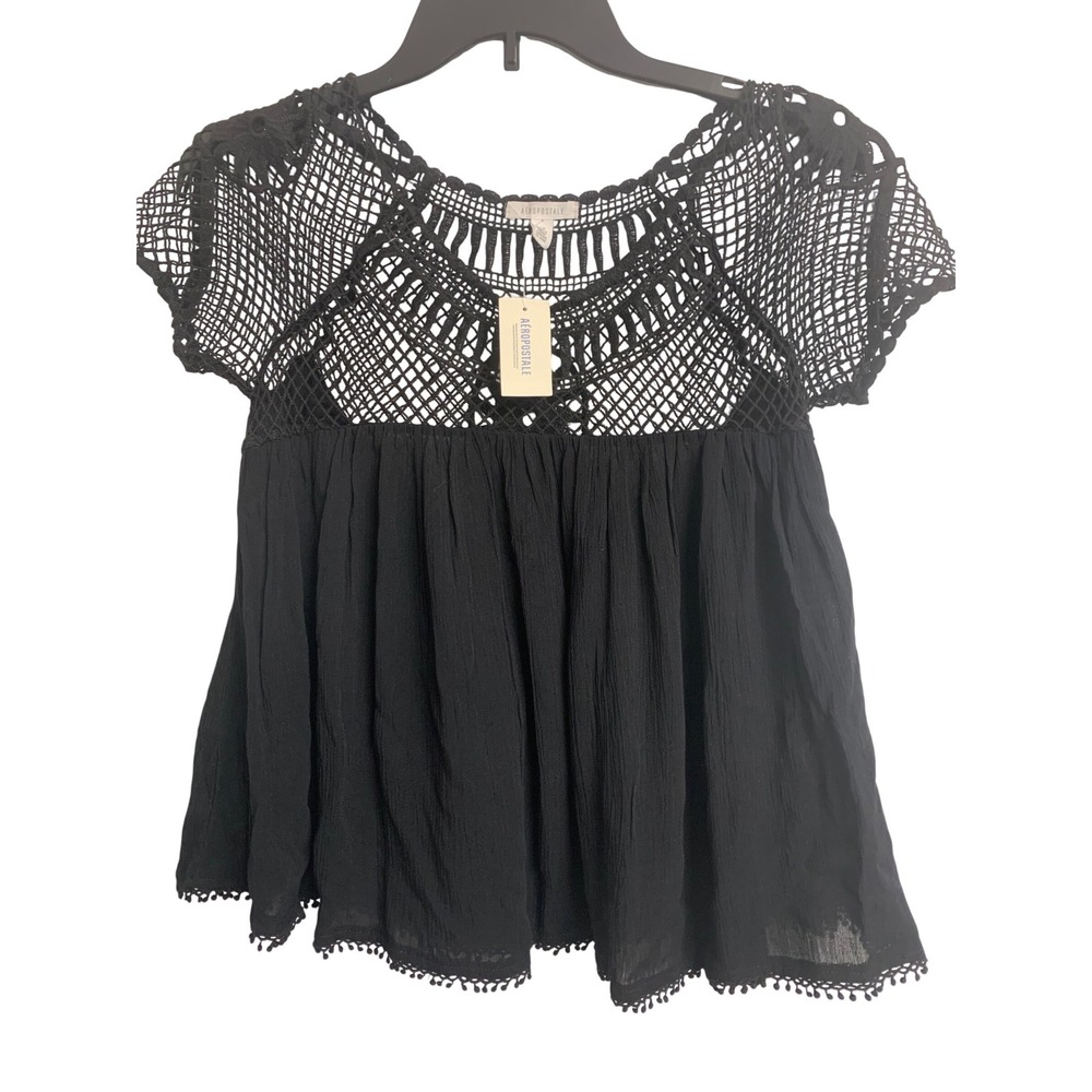 Aeropostale Black Crochet Yoke Pom Pom Trim Boho Top Small NWT